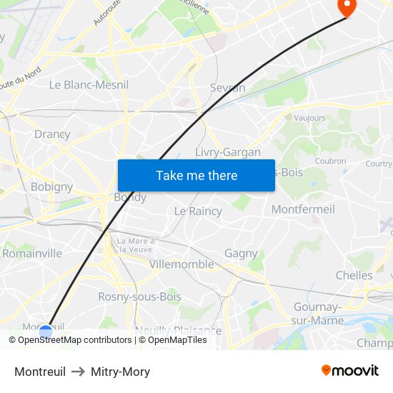Montreuil to Mitry-Mory map