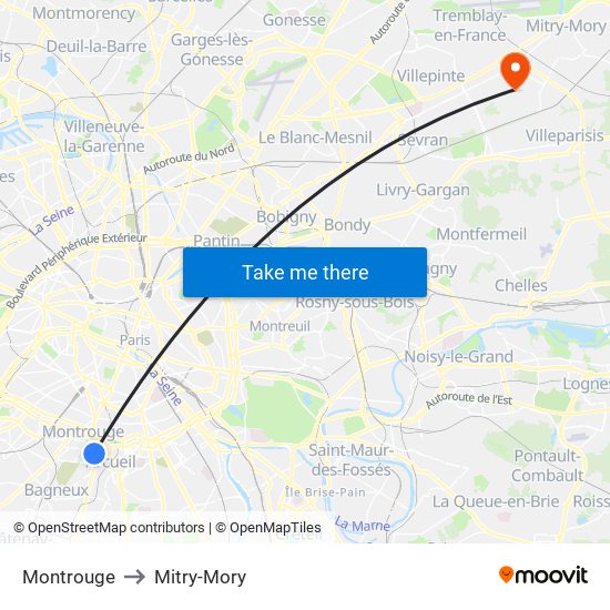 Montrouge to Mitry-Mory map