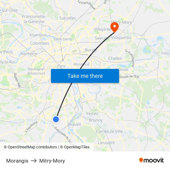 Morangis to Mitry-Mory map