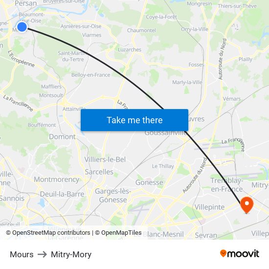 Mours to Mitry-Mory map
