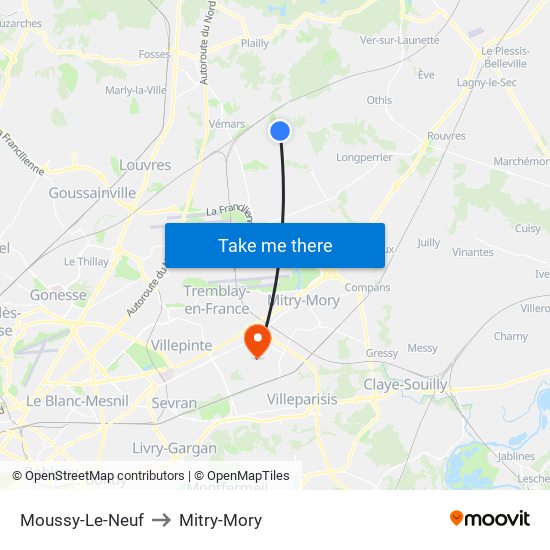 Moussy-Le-Neuf to Mitry-Mory map