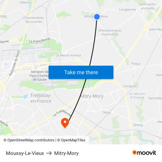 Moussy-Le-Vieux to Mitry-Mory map