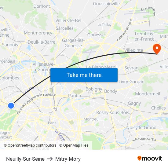 Neuilly-Sur-Seine to Mitry-Mory map