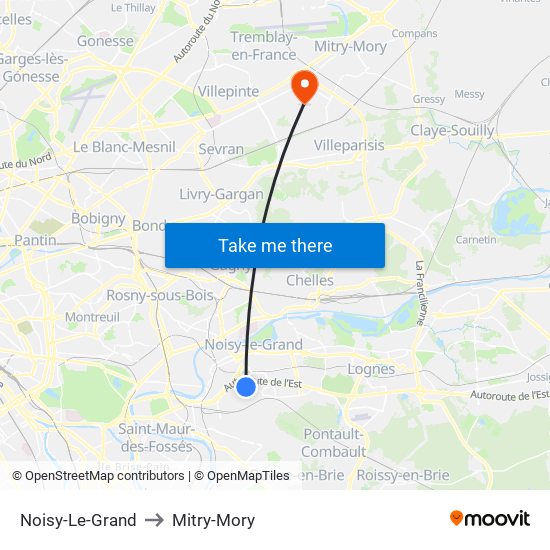 Noisy-Le-Grand to Mitry-Mory map