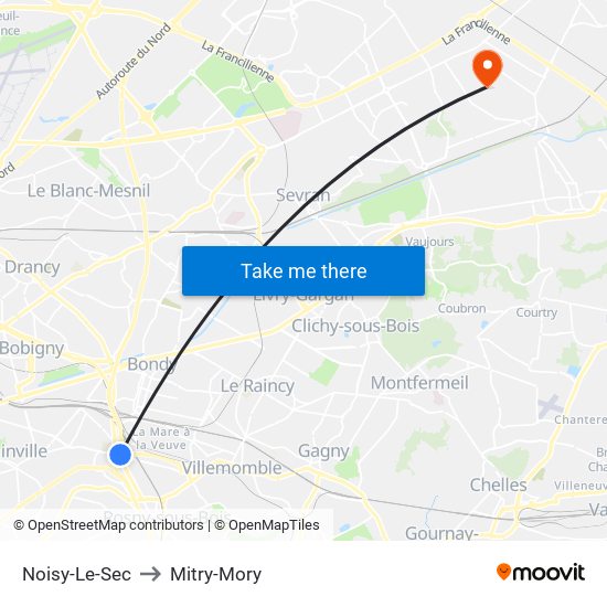 Noisy-Le-Sec to Mitry-Mory map