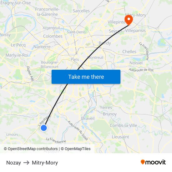 Nozay to Mitry-Mory map