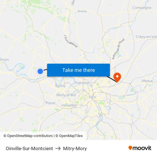 Oinville-Sur-Montcient to Mitry-Mory map