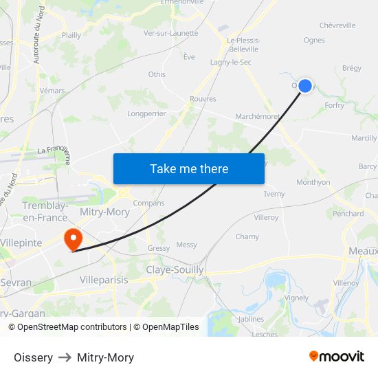Oissery to Mitry-Mory map