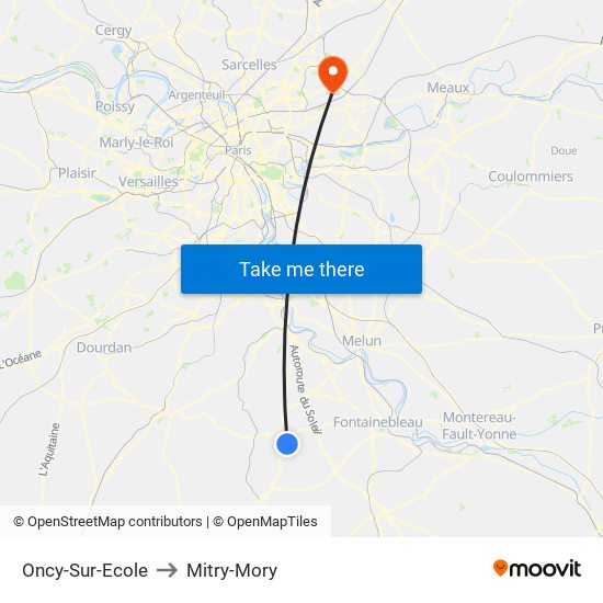 Oncy-Sur-Ecole to Mitry-Mory map