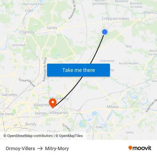 Ormoy-Villers to Mitry-Mory map