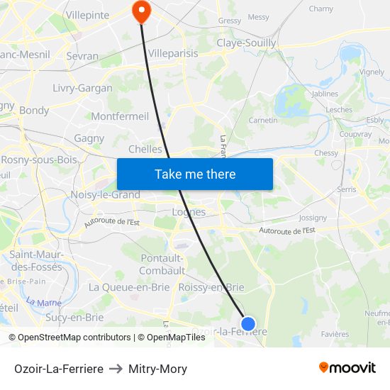 Ozoir-La-Ferriere to Mitry-Mory map
