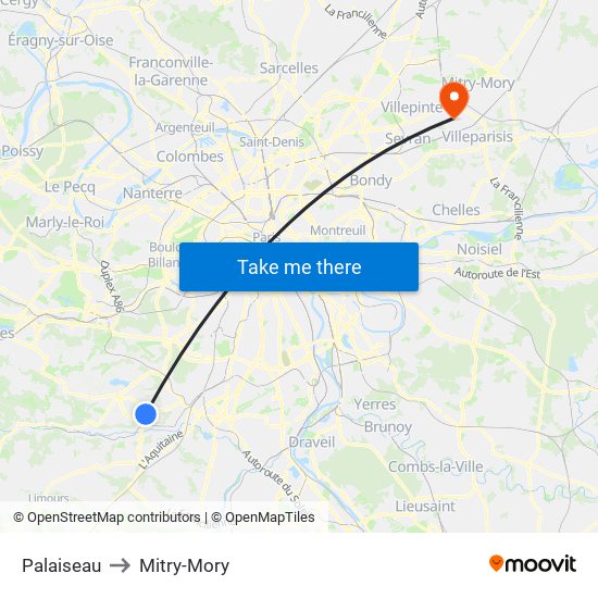 Palaiseau to Mitry-Mory map