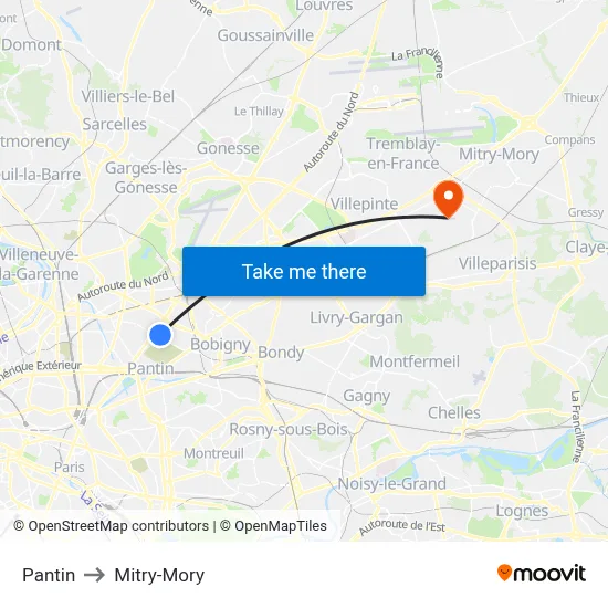 Pantin to Mitry-Mory map