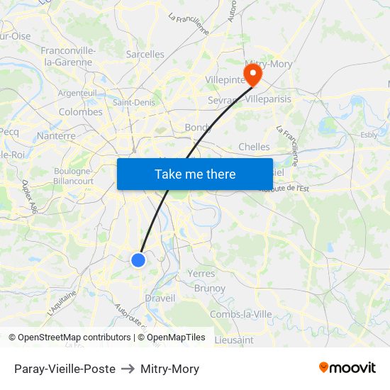 Paray-Vieille-Poste to Mitry-Mory map