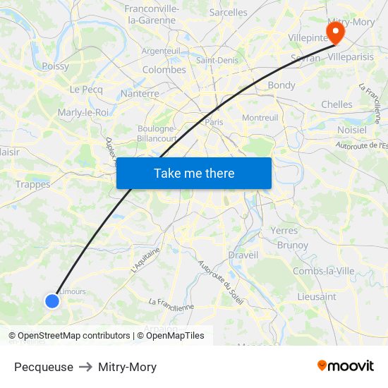 Pecqueuse to Mitry-Mory map