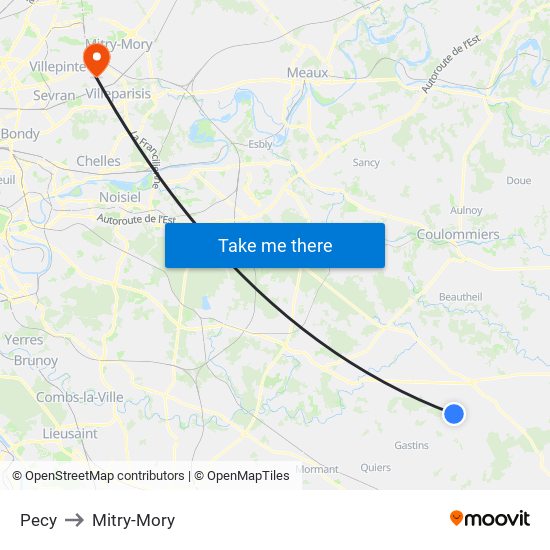 Pecy to Mitry-Mory map