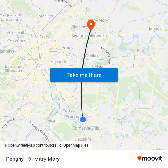 Perigny to Mitry-Mory map