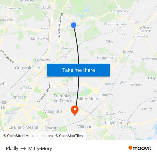 Plailly to Mitry-Mory map