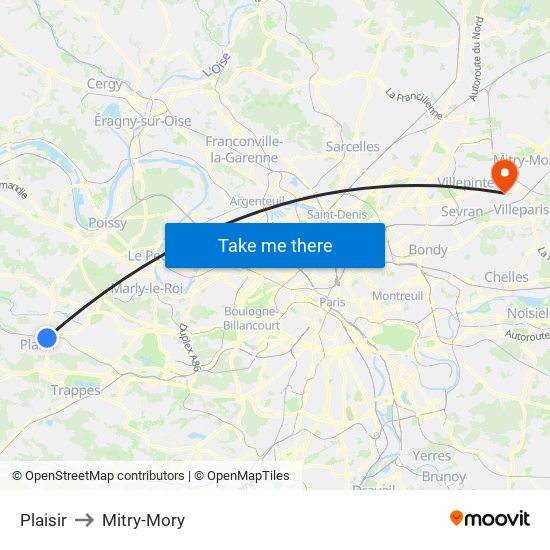 Plaisir to Mitry-Mory map