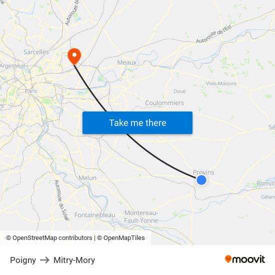 Poigny to Mitry-Mory map