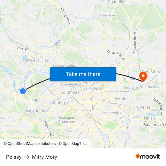 Poissy to Mitry-Mory map