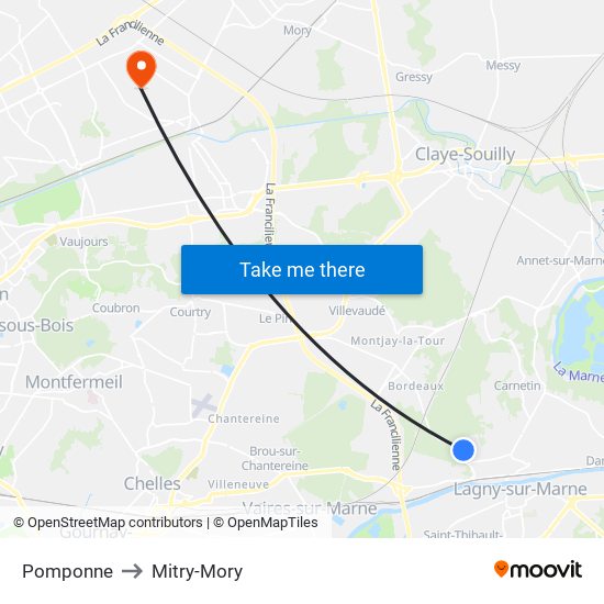 Pomponne to Mitry-Mory map