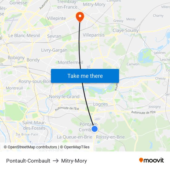 Pontault-Combault to Mitry-Mory map