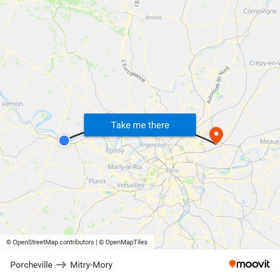 Porcheville to Mitry-Mory map