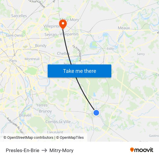 Presles-En-Brie to Mitry-Mory map
