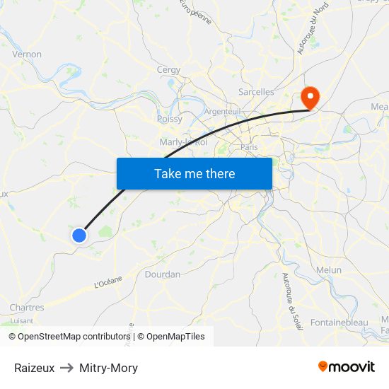 Raizeux to Mitry-Mory map