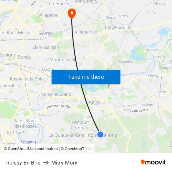 Roissy-En-Brie to Mitry-Mory map