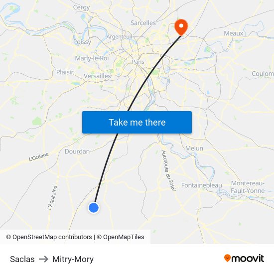 Saclas to Mitry-Mory map