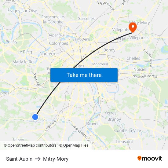 Saint-Aubin to Mitry-Mory map