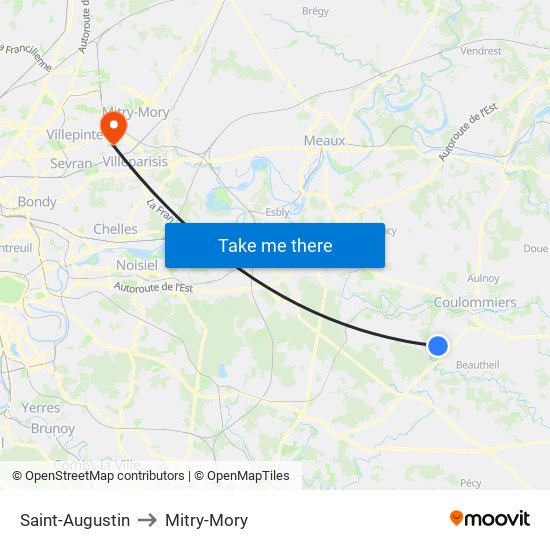 Saint-Augustin to Mitry-Mory map