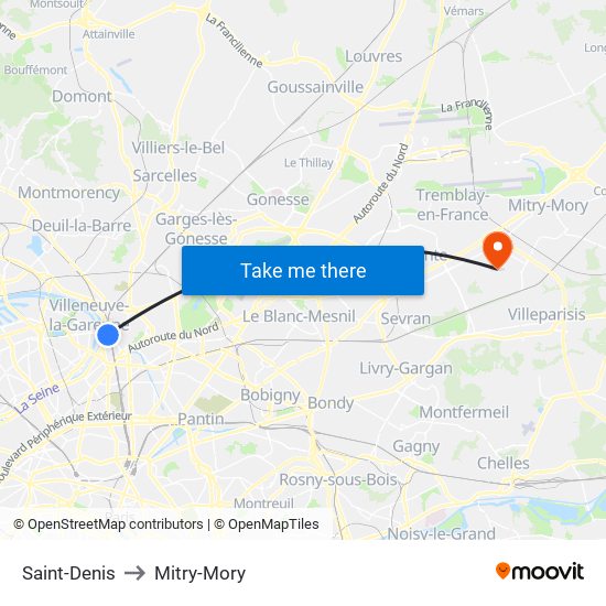 Saint-Denis to Mitry-Mory map
