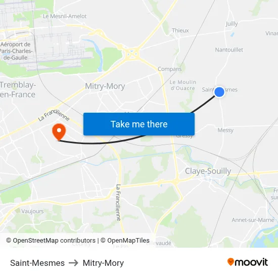 Saint-Mesmes to Mitry-Mory map