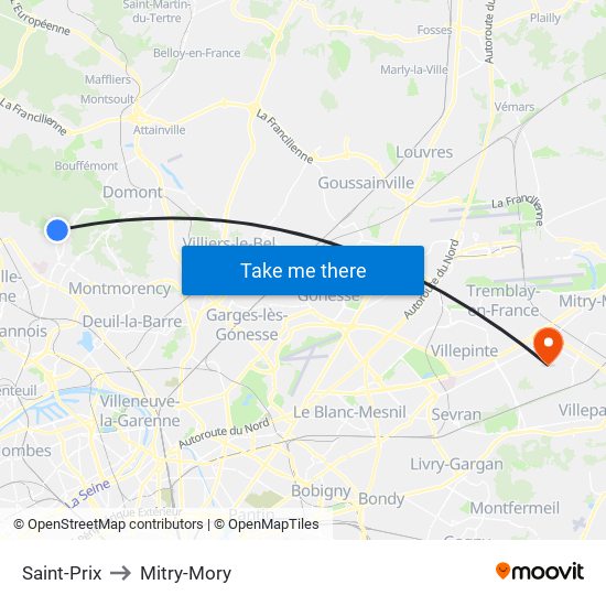 Saint-Prix to Mitry-Mory map