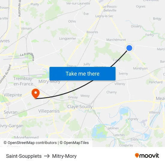 Saint-Soupplets to Mitry-Mory map