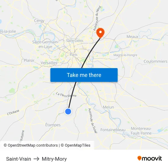 Saint-Vrain to Mitry-Mory map