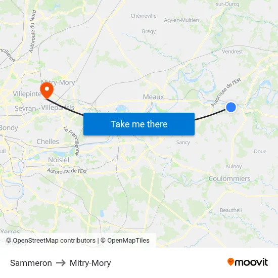 Sammeron to Mitry-Mory map