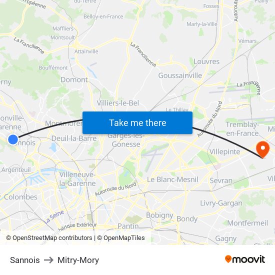 Sannois to Mitry-Mory map