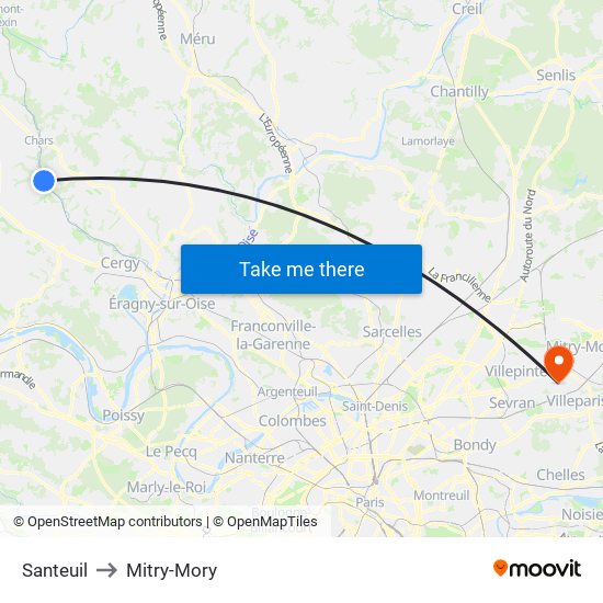 Santeuil to Mitry-Mory map