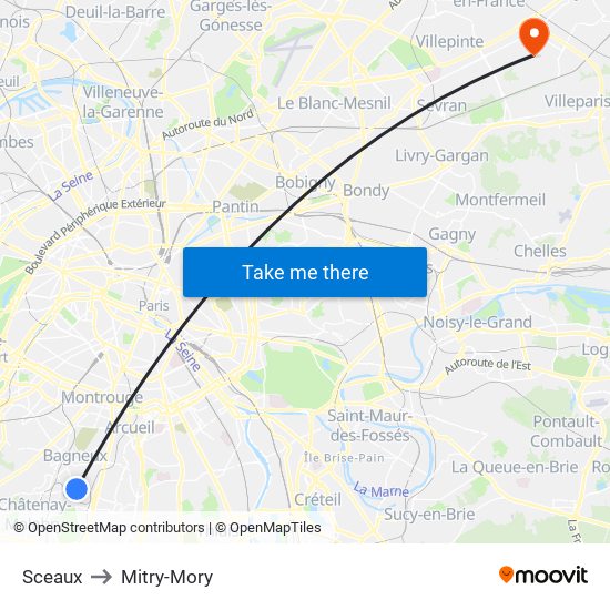 Sceaux to Mitry-Mory map