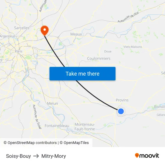 Soisy-Bouy to Mitry-Mory map