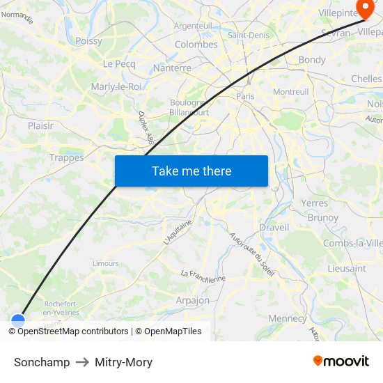 Sonchamp to Mitry-Mory map