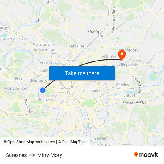 Suresnes to Mitry-Mory map