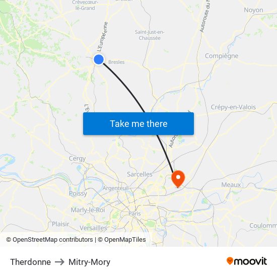 Therdonne to Mitry-Mory map