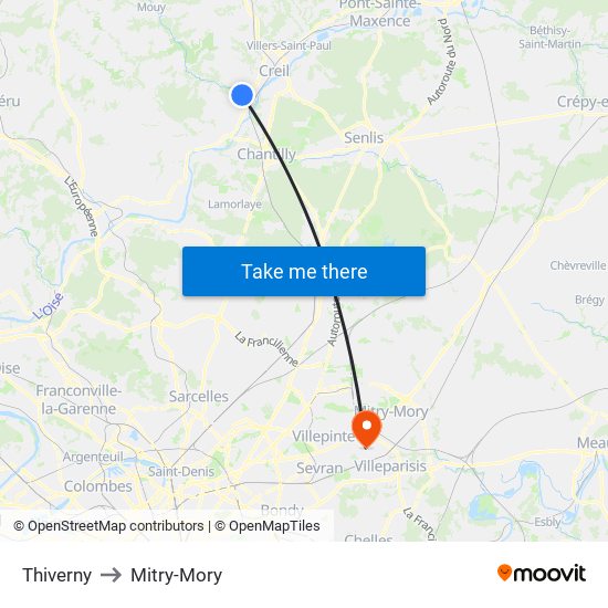 Thiverny to Mitry-Mory map