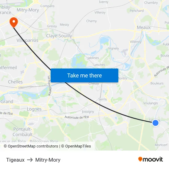 Tigeaux to Mitry-Mory map