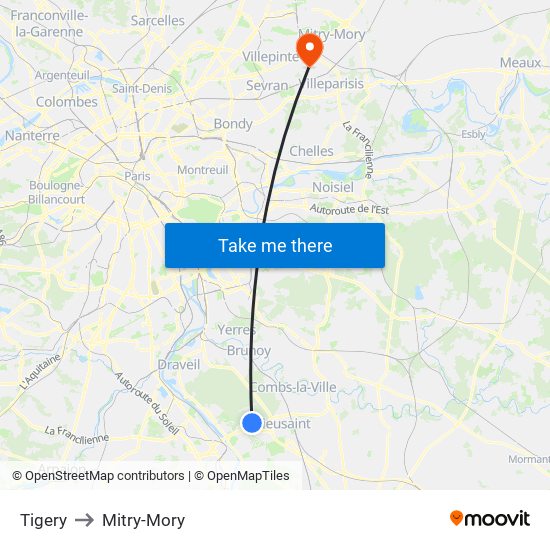 Tigery to Mitry-Mory map